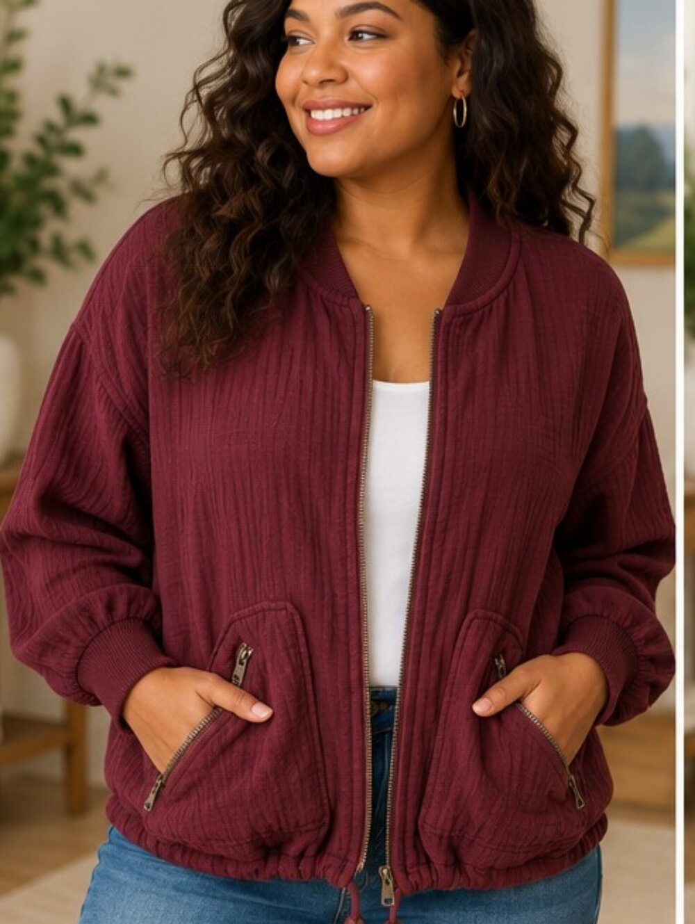 Matilda Jane Burgundy Bomber Jacket Lightweight Drawstring Shirt Jacket